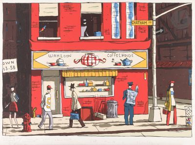 drawing of people standing outside of a coffee shop on a city street