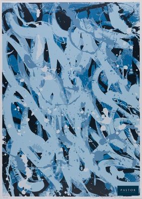 une peinture réalisée à la peinture bleue et noire sur fond blanc