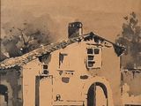 une peinture représentant un bâtiment surmonté d'une horloge