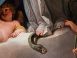 a painting of a baby in a bathtub with a snake