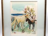framed watercolor painting of two horses standing next to each other