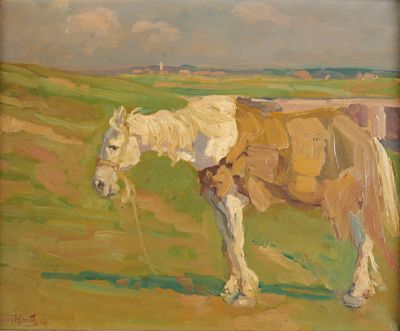 tableau représentant un cheval debout dans un champ, avec le ciel en arrière-plan