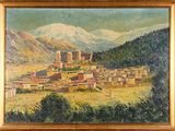 an oil painting of a village in the mountains with a mountain range in the background
