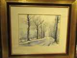 framed watercolor painting of a winter scene with trees and a bench