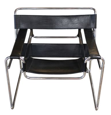 black leather and chrome chair with armrests on a white background