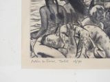 a black and white drawing of two women on a boat