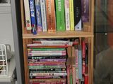 a book shelf full of books in a room with a ladder