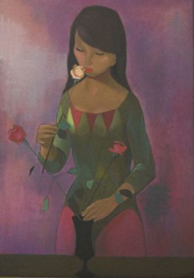 painting of a woman with a flower in her hand
