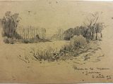 un vieux dessin représentant une rivière, avec des arbres et de l'herbe au premier plan