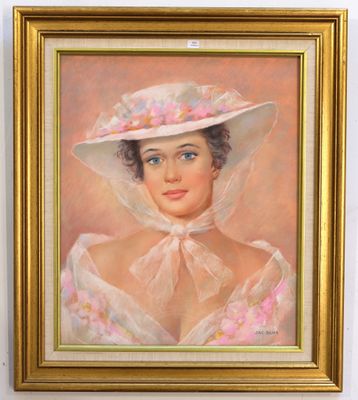 painting of a woman wearing a white hat and a pink dress