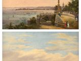 two paintings of a view of a city and a body of water