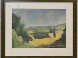 painting of a landscape in a frame hanging on a wall