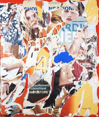 une photo représentant un collage de magazines sur fond rouge