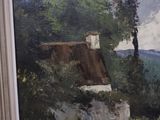 a picture of a painting of a house in the woods