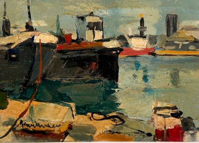 une peinture de bateaux amarrés dans un port par une journée ensoleillée