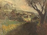 une image représentant un tableau représentant un paysage avec un arbre au premier plan