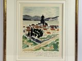 framed watercolor painting of a landscape with a church in the distance
