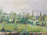 tableau représentant un champ vert avec des arbres et des buissons au premier plan