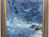 une peinture à l'huile représentant un voilier sur l'océan, sous un ciel nuageux