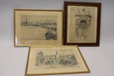 three framed drawings of a castle and a bridge in a wooden frame