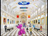 a painting of people in a large room with paintings on the walls