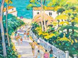an oil painting of people walking down a path near the ocean