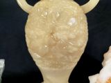 a white vase with horns on a black background