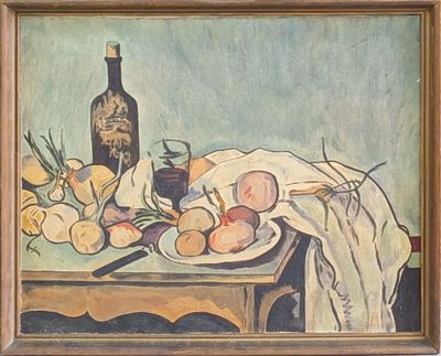 a painting of a still life with fruit and a bottle of wine