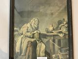 a painting of a woman sitting at a table with a cat