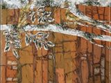 a picture of a painting of a bird on a tree branch