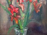 a painting of flowers in a glass vase on a table