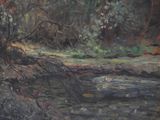 a painting of a stream running through a wooded area