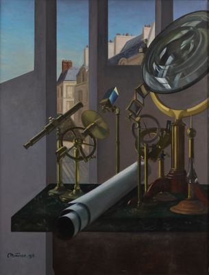 un tableau représentant un télescope et d'autres objets posés sur une table