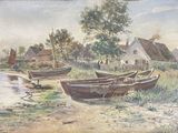un tableau représentant deux bateaux sur les rives d'une rivière