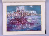 painting of a cityscape in a frame hanging on a wall