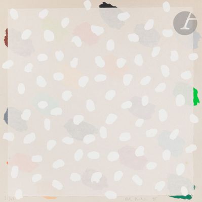 an abstract painting with white dots and green dots on a beige background