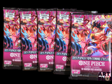 cinq paquets de cartes de jeu de cartes « One Piece » sont représentés sur un fond noir