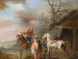 une image représentant un tableau où l'on voit un homme à cheval entouré d'un groupe de personnes