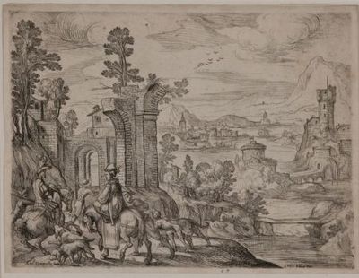 un vieux dessin représentant un homme à cheval près d'un château