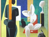 un tableau représentant un homme et un chat dans une pièce