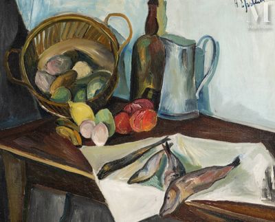 a painting of fish on a table next to a basket of fruit