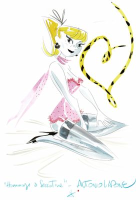 un dessin représentant une femme en robe rose, assise sur un lit