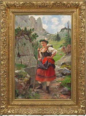 une peinture à l'huile représentant une femme en robe rouge tenant un bâton