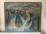 un tableau représentant un groupe de personnes sur un bateau