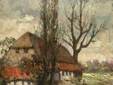 an image of a painting of a house and trees in a field