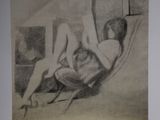 charcoal drawing of a woman reclining on a chair in a living room