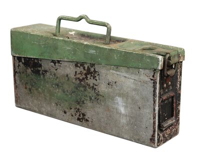an old metal tool box with a handle on a white background