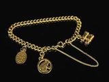 a close up of a gold chain bracelet with charms on it