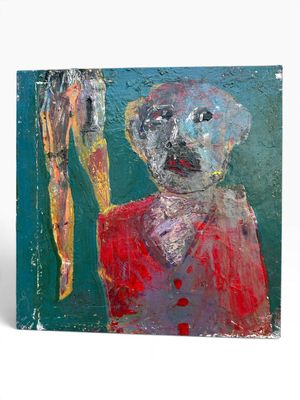 a painting of a dog wearing a red shirt