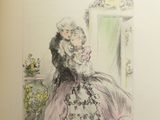 an old book with a drawing of a woman in a pink dress